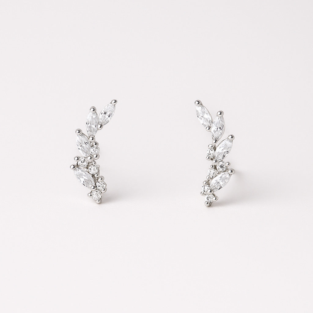 PaulaB sterling silver rhodium plated earrings, 1.3cm size, front view with sparkling cubic zirconia stones- Sydney Australia jewellery.