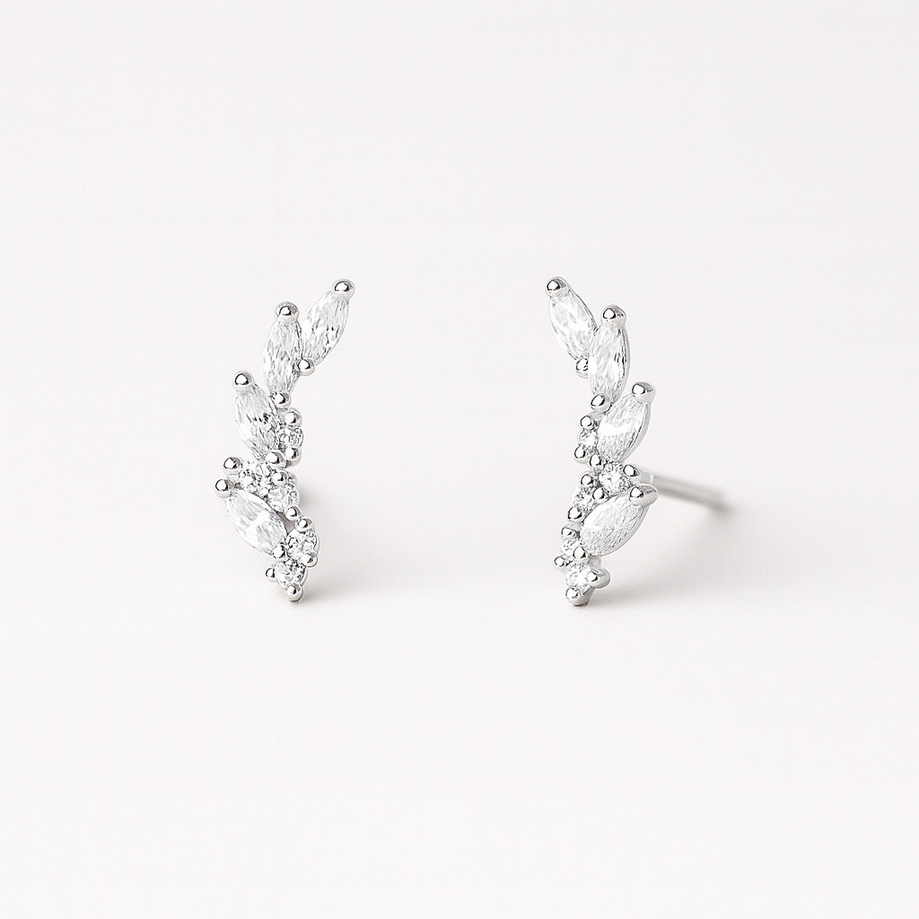 Elegant PaulaB sterling silver earrings, 1.3cm size, side view showcasing marquise cut stones - fashion jewellery Australia.