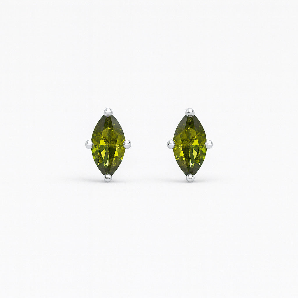 PaulaB sterling silver rhodium- plated stud earrings with marquise-cut green, emerald cubic stone, front display, Syndey Australia.