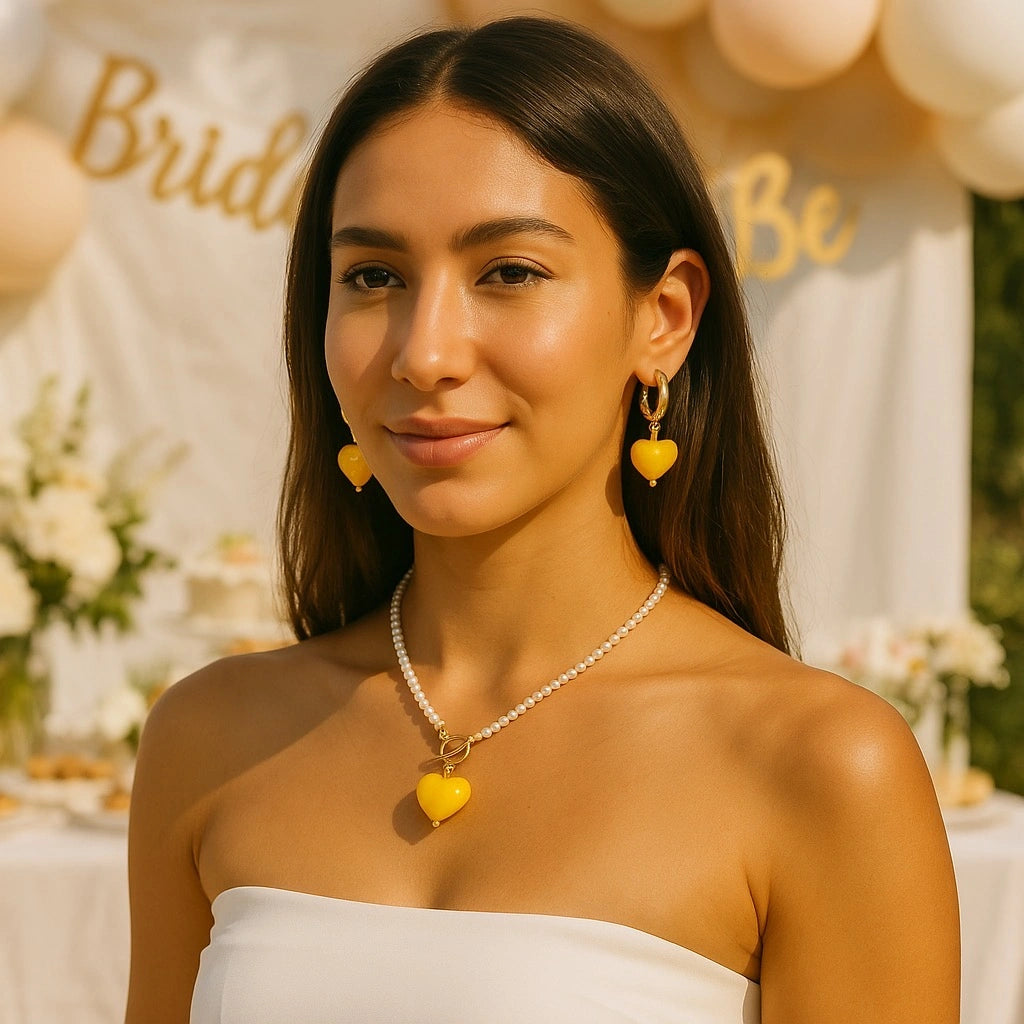 Bridal Shower Jewellery Gift Set- PaulaB Sunshine Yellow Heart Earrings with Freshwater Pearl Necklace - Designed in Sydney.