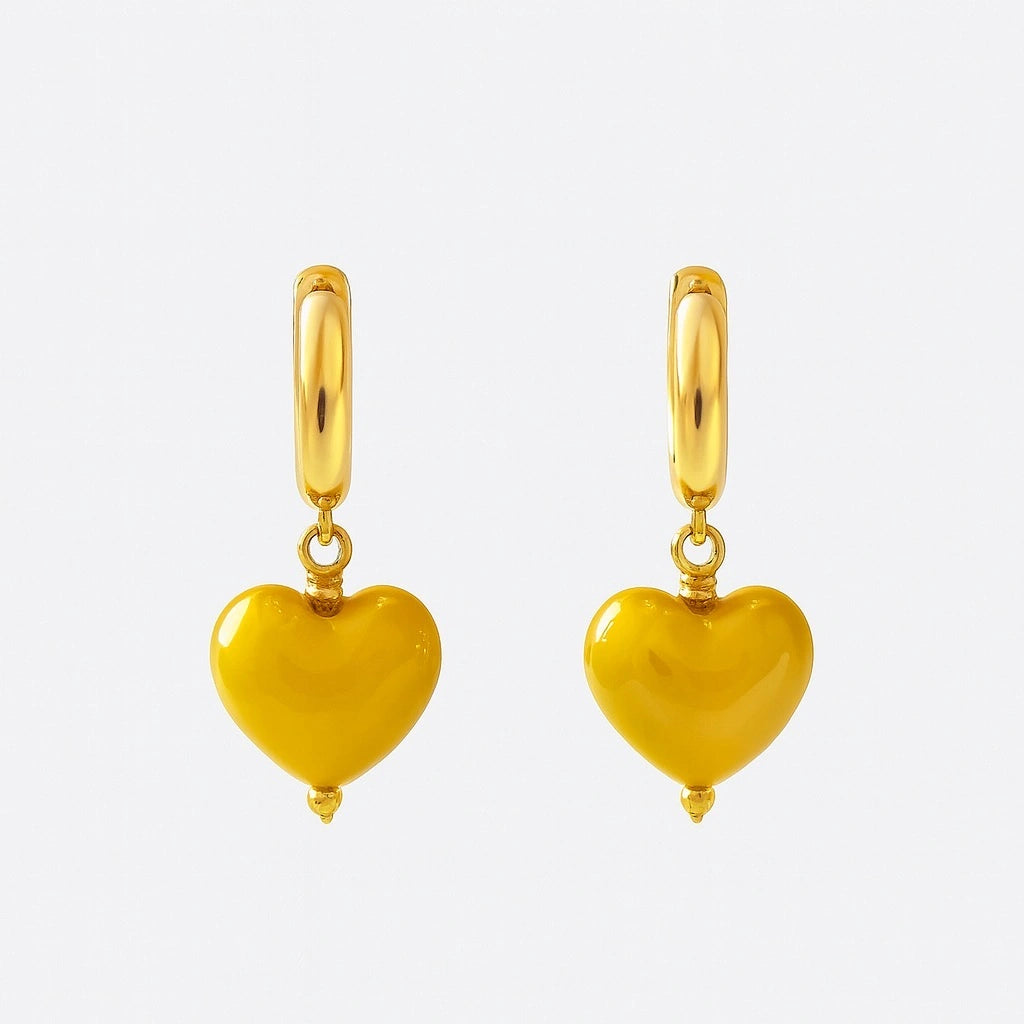 Sunshine Yellow Earrings Display - 14k Gold Plated Ceramic Hearts by PaulaB Jewellery Sydney - Elegant Handmade Design.
