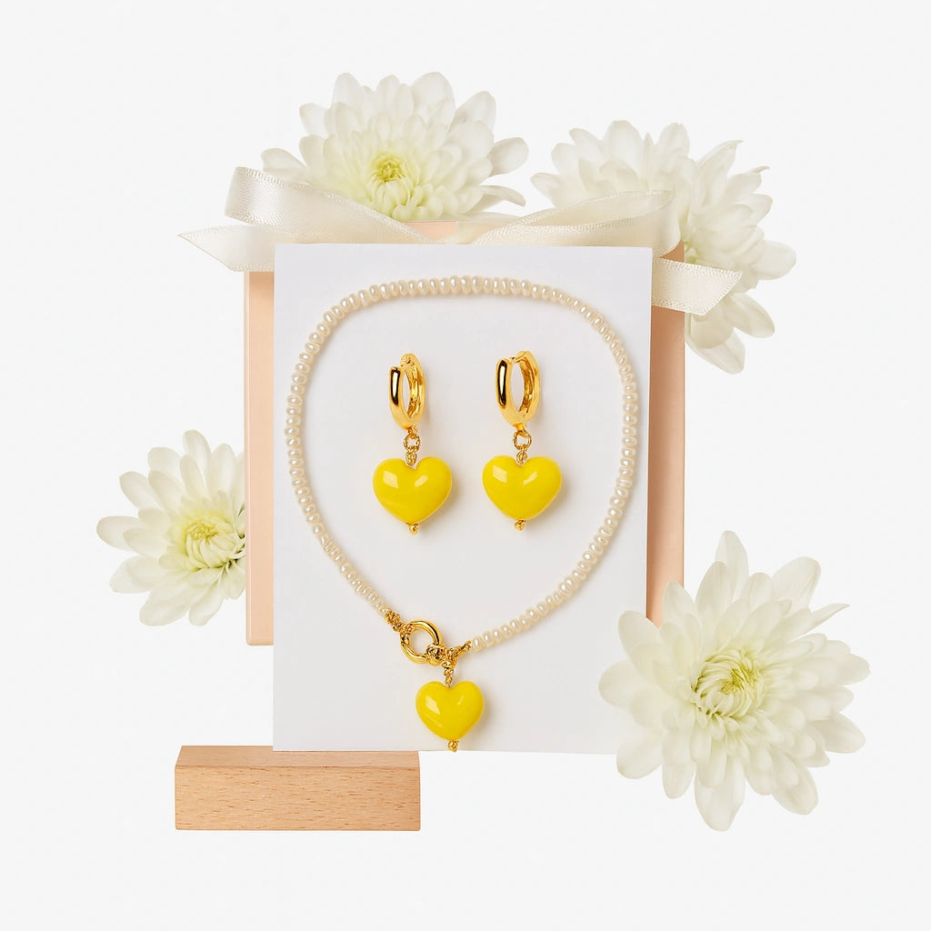 PaulaB Sunshine Yellow Heart Earrings and Freshwater Pearl Necklace Gift Set - Anniversary Jewellery Australia & New Zealand.