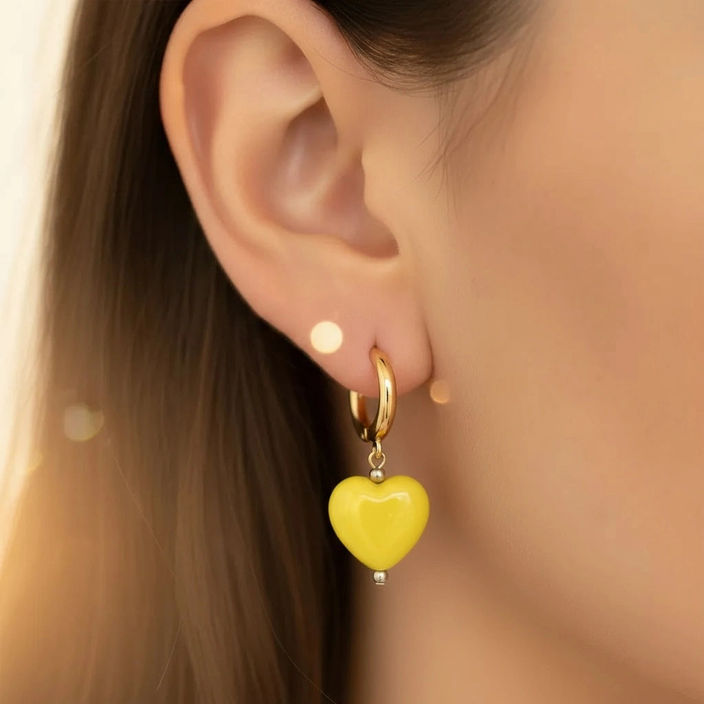 PaulAaB Yelllow Ceramic Heart Earrings - 14k Gold Plated Hoops - Feminine Glow Jewellery for Australian Summer.