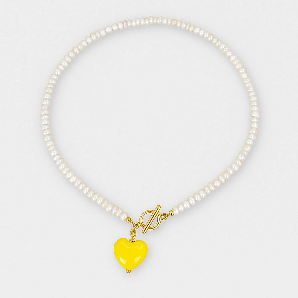 PaulaB Sunshine Yellow Heart Freshwater Pearl Necklace - handmade with natural pearls pendant in 14k gold-plated stainless steel, product hero image, designed in Australia. 