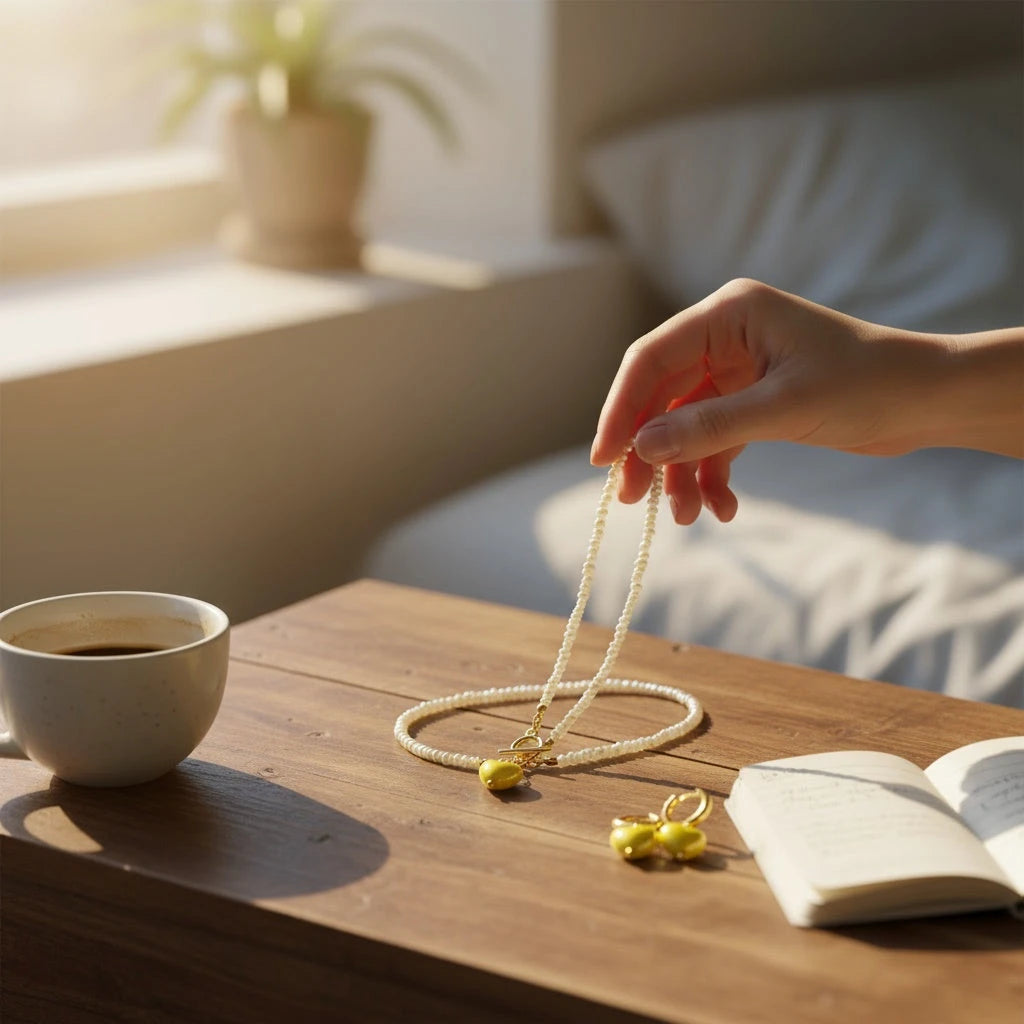 Lifestyle photo of PaulaB Sunshine Yellow Heart Jewellery Set on coffee table beside notebook and cup, warm natural light, Australian designer jewellery.