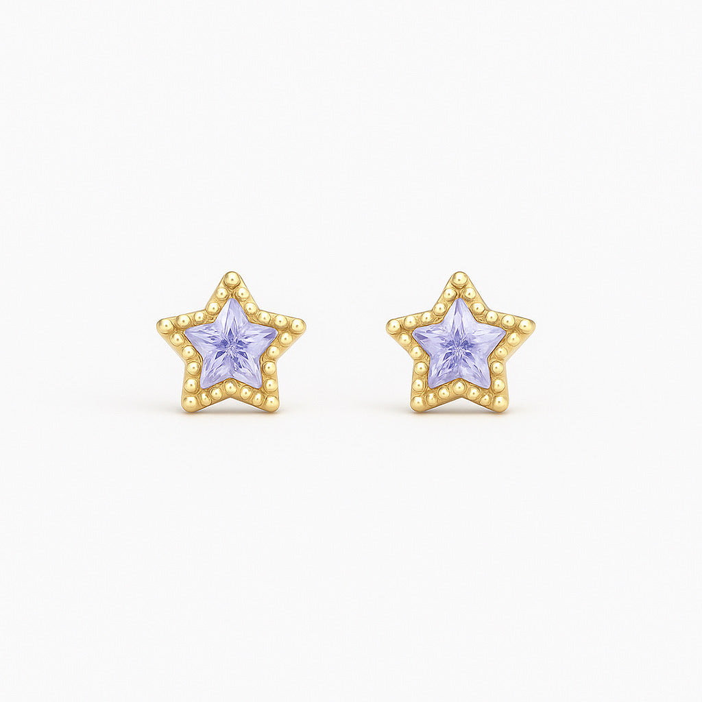 PaulaB tiny star stud earrings in sterling silver with 14k gold tone and light purple stone - Sydney jewellery collection.