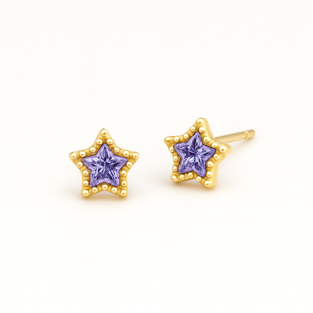 Delicate star- shaped stud earrings with purple crystal set-in gold-plated sterling silver by PaulaB Jewellery, Sydney Australia.