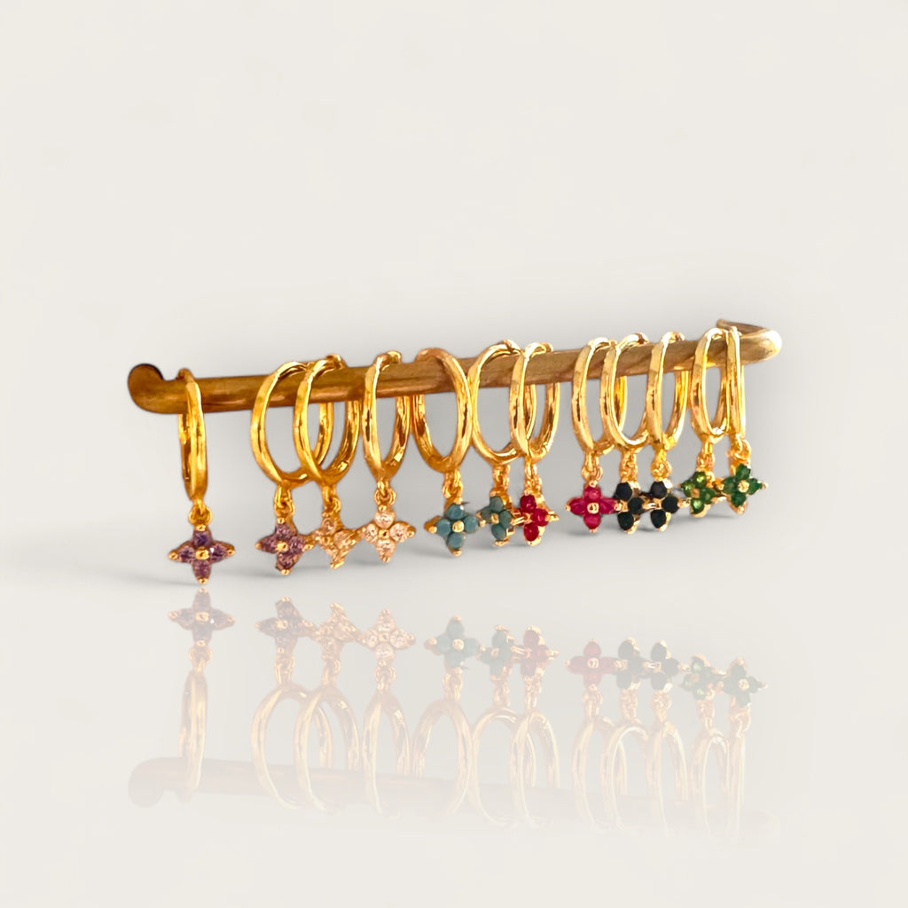 PaulaB 925 sterling silver and 18k gold-plated clover hoop earrings collection with multiple gemstone colors- Sydney Australia.