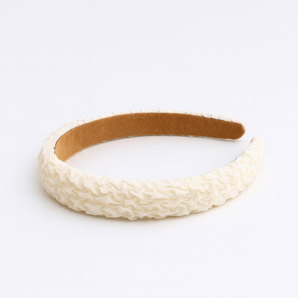 PaulaB cream chiffon headband flat lay product shot with textured detail