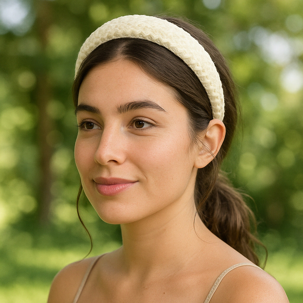 Model wearing PaulaB cream chiffon headband in outdoor lifestyle look