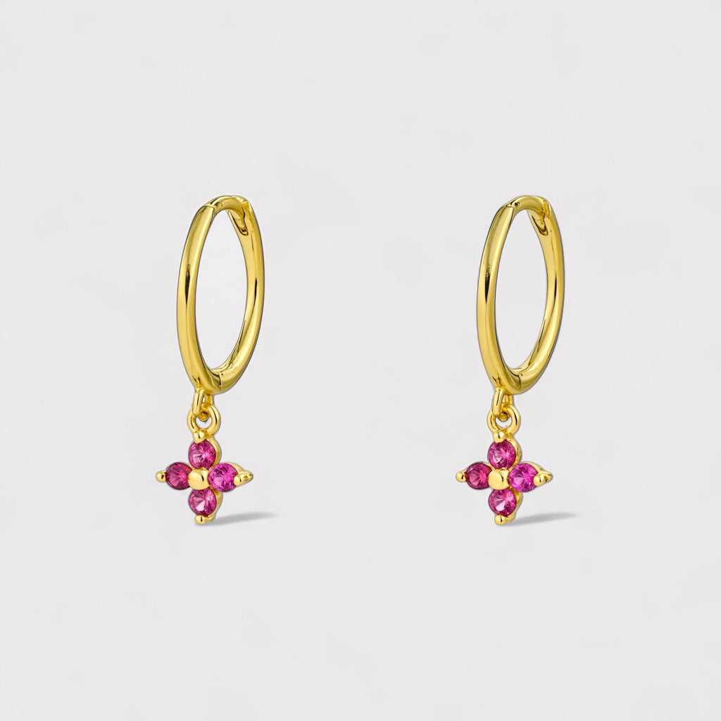 PaulaB gold-plated sterling silver clover hoop earrings with red ruby crystals- Sydney Australia.