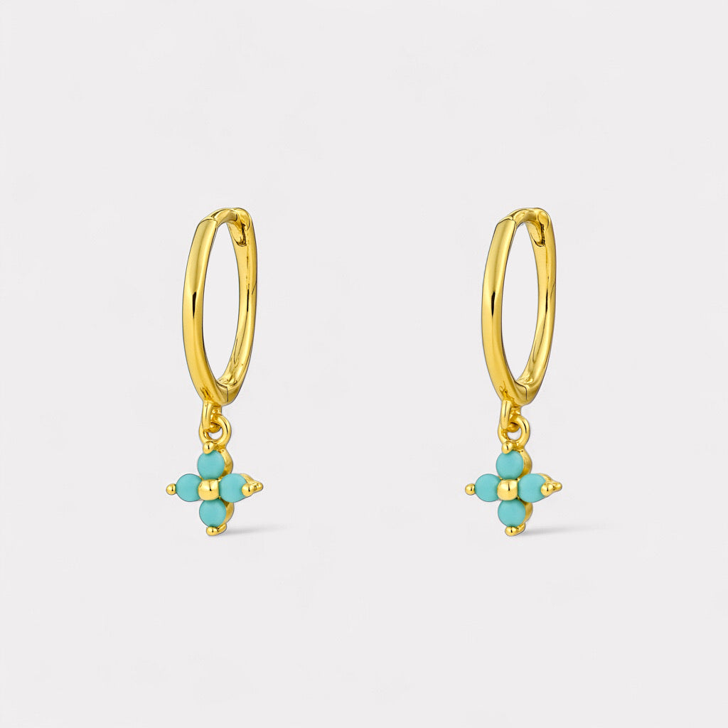 PaulaB gold-plated sterling silver clover hoop earrings with turquoise blue crystals- Sydney Australia.