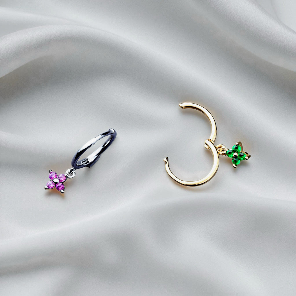 PaulaB sterling silver clover hoop earrings with rhodium and 18k gold plating - green and pink stones - Sydney jewellery.