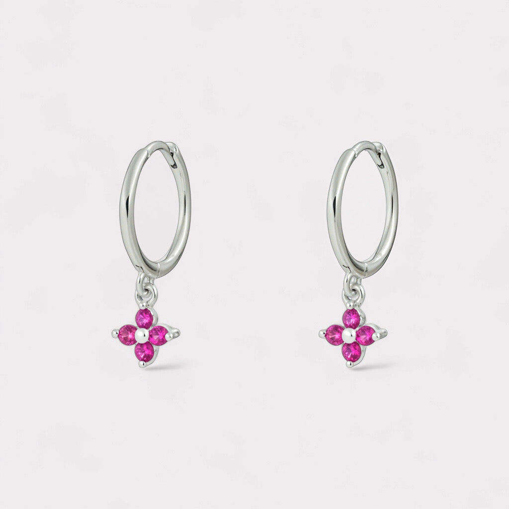 PaulaB sterling silver rhodium hoop earrings with ruby pink gemstone - Sydney jewellery.