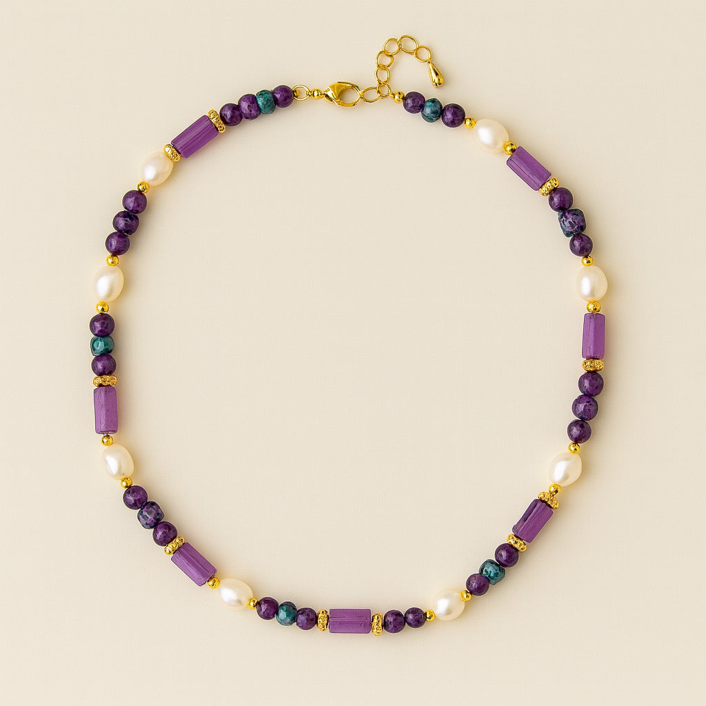 PaulaB purple gemstone and freshwater pearl necklace with gold accents - front product view, jewellery Australia & New Zealand. — PaulaB Jewellery Sydney AU