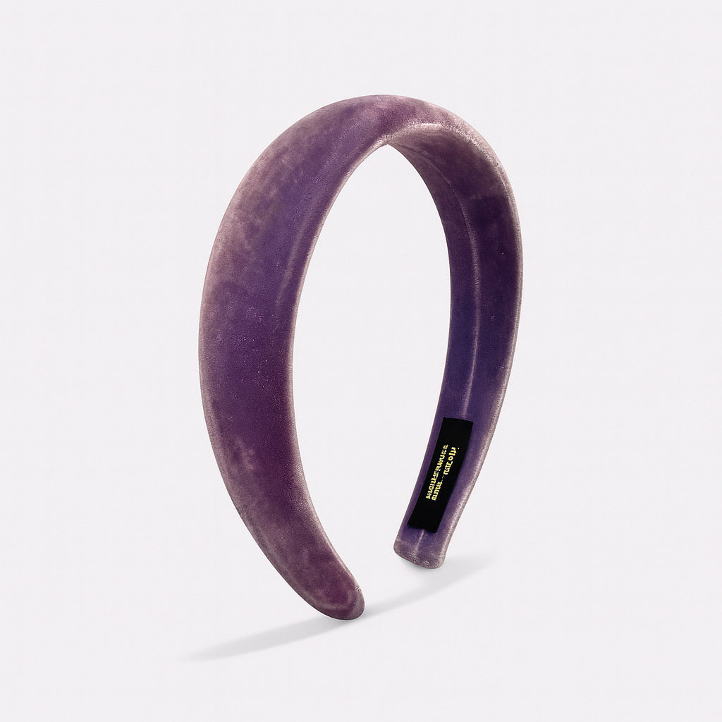 Side view of handmade purple velvet headband stylish padded hair accessory.