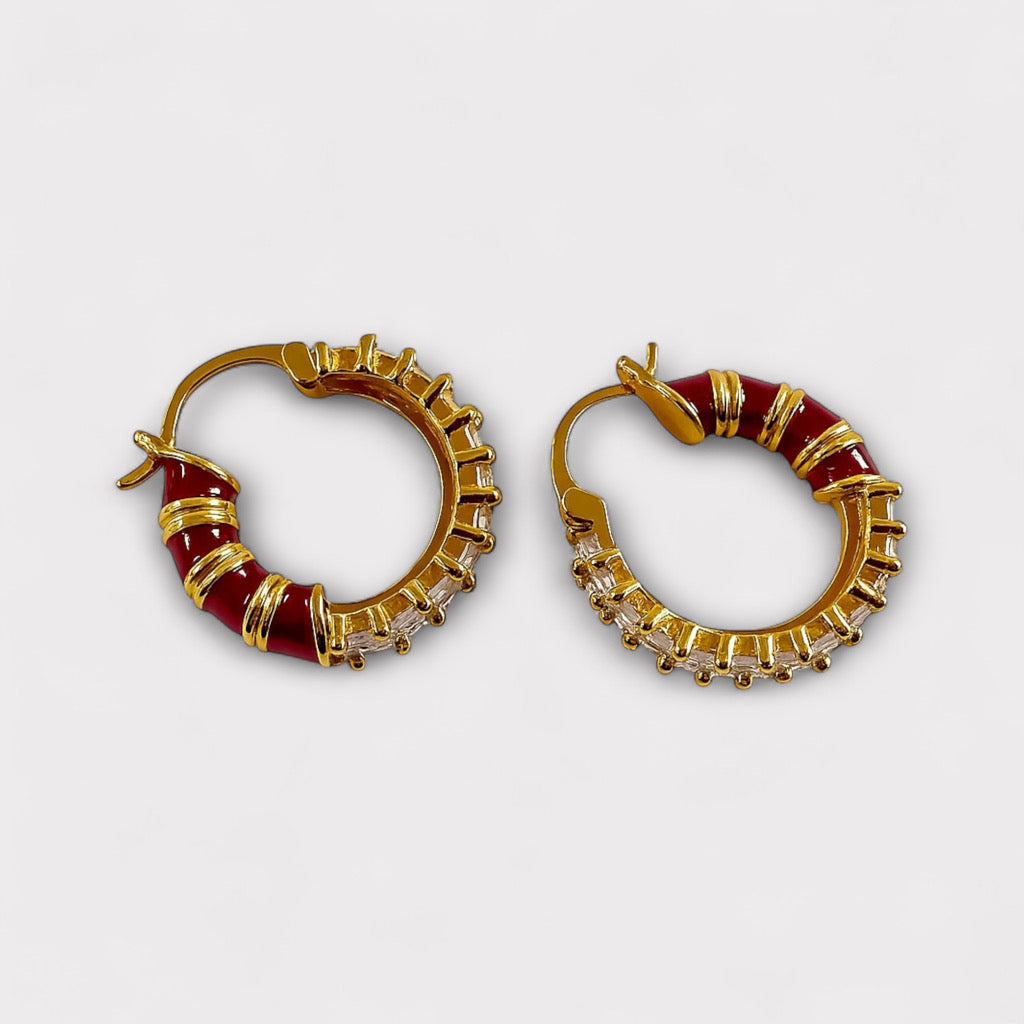 Back view of Radiant Rouge & Crystal Marquise Hoop Earrings showing crimson enamel detailing and gold-plated finish