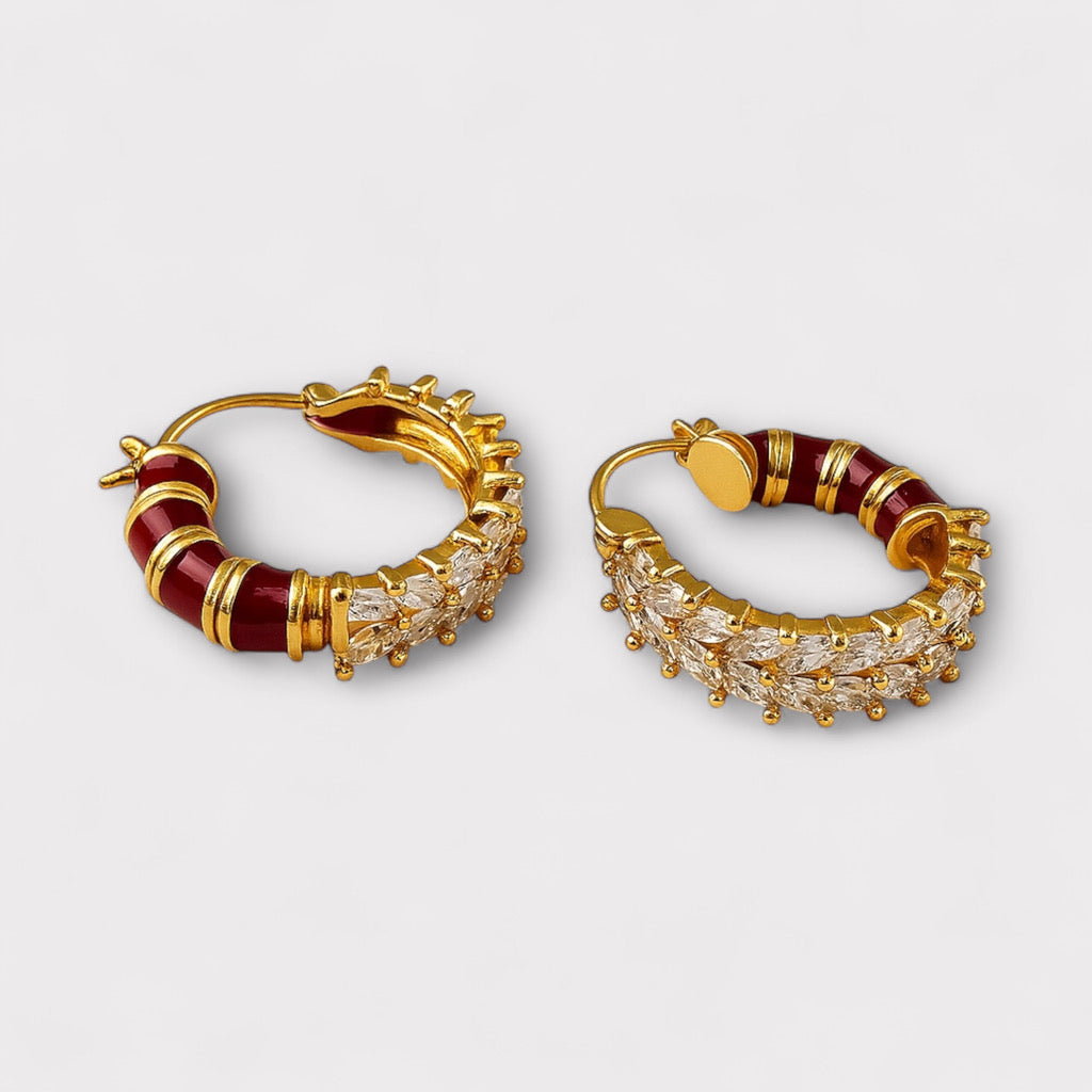 Front view of Radiant Rouge & Crystal Marquise Hoop Earrings in 18k gold plating with crimson enamel and marquise-cut zirconia stones
