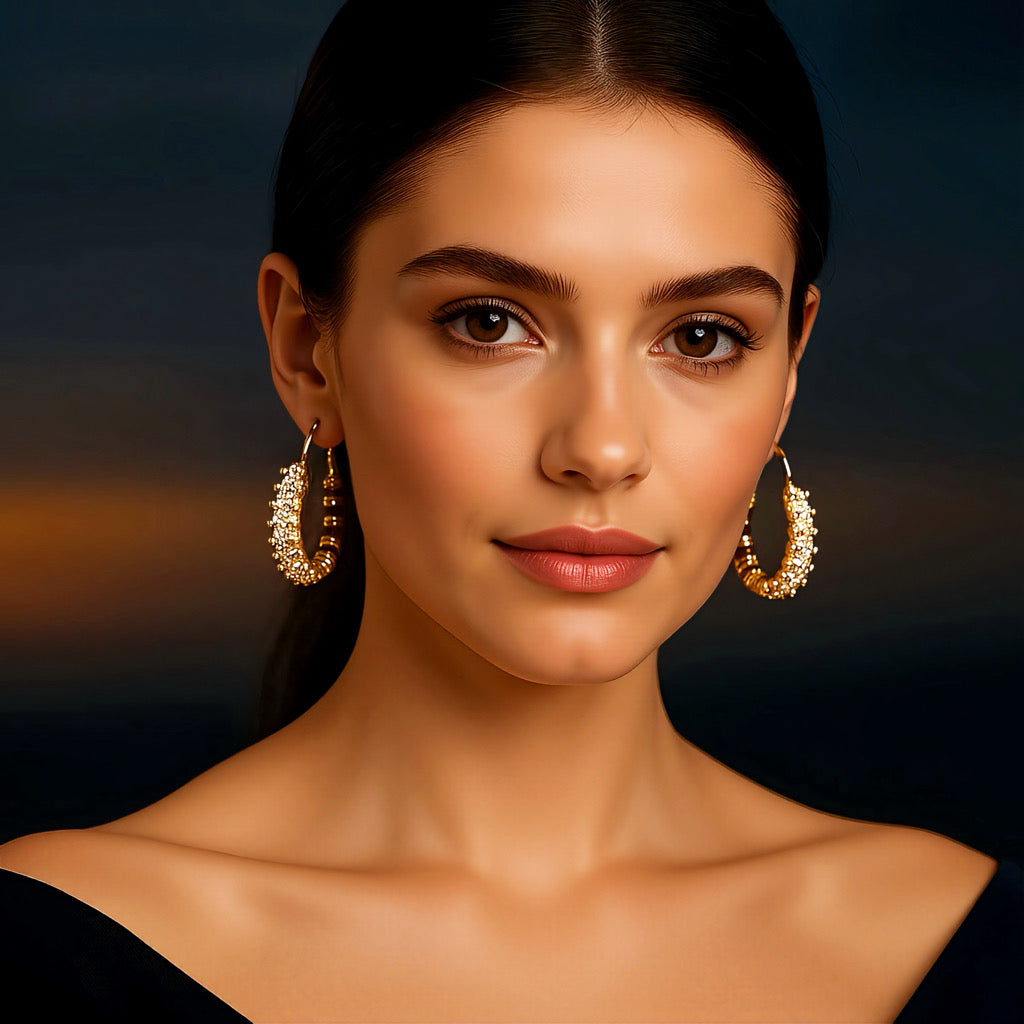 Model wearing Radiant Rouge & Crystal Marquise Hoop Earrings in 18k gold plating with crimson enamel and marquise-cut zirconia stones-front view