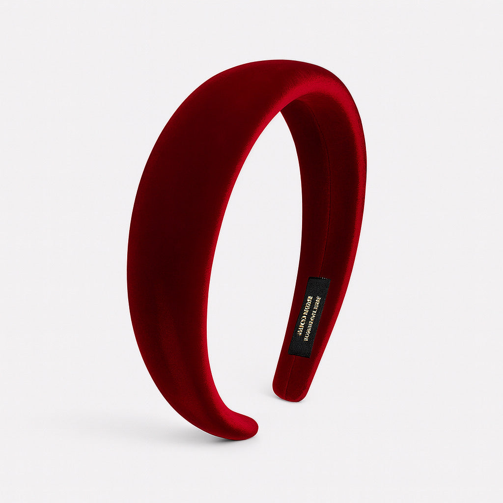 Luxury red velvet headband front view elegant handmade hair accessory for women.