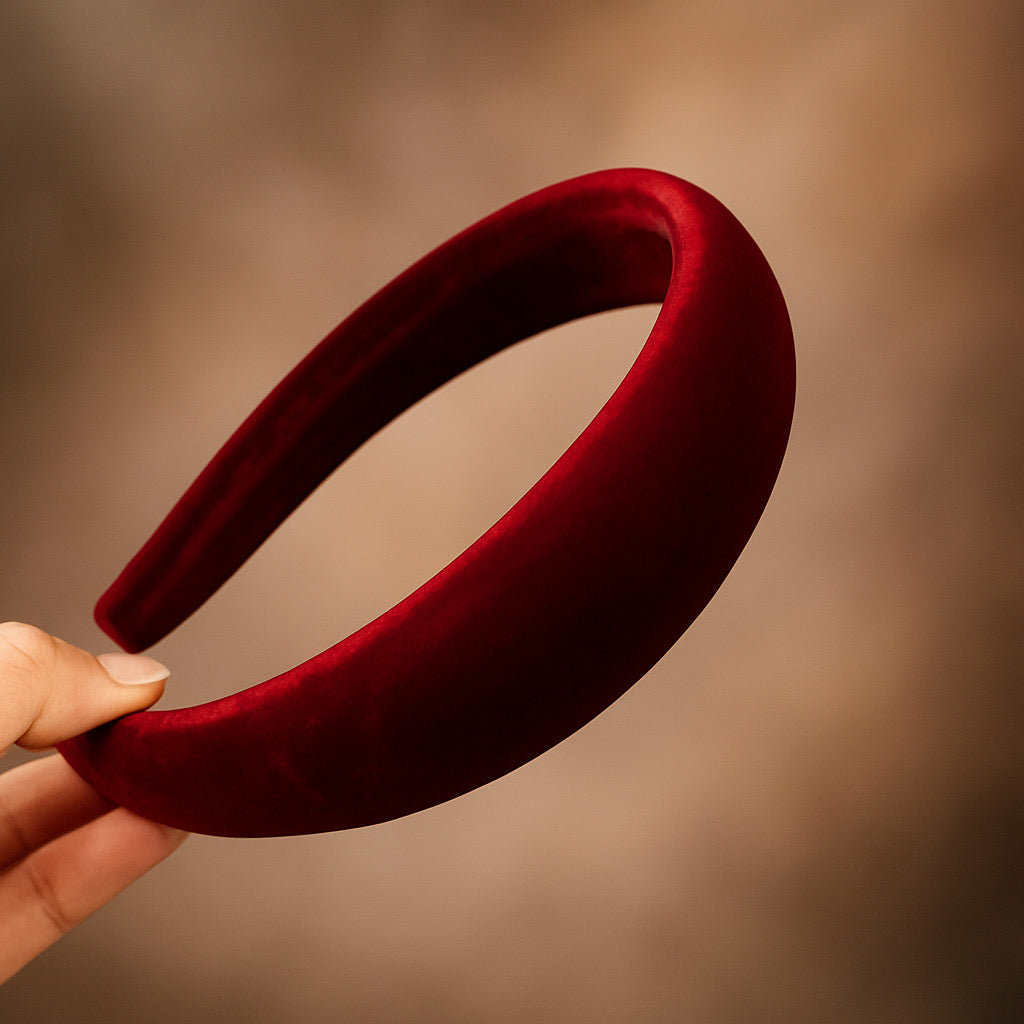 Close-up of premium red velvet headband high quality padded hair accessory.