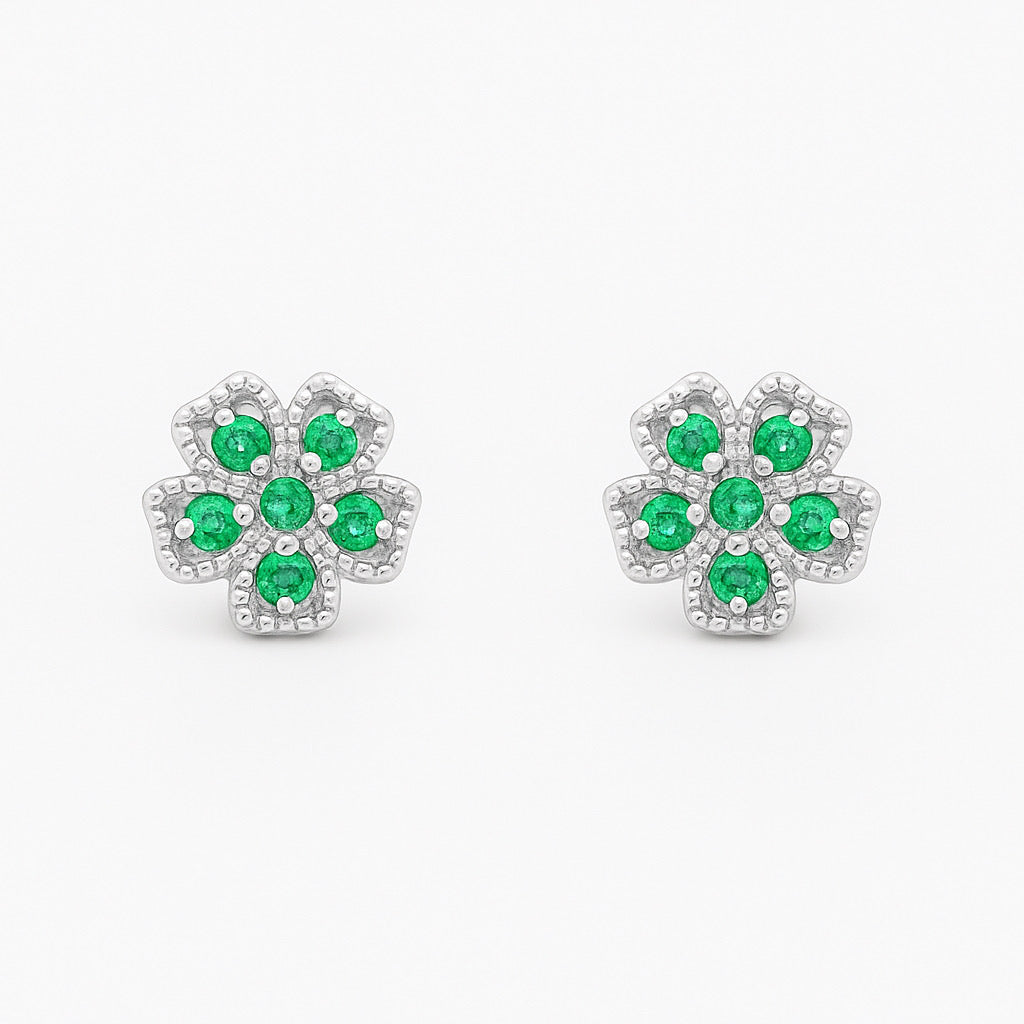 Front view of rhodium- plated sterling silver floral stud earrings with green gemstones- PaulaB Jewellery Sydney.