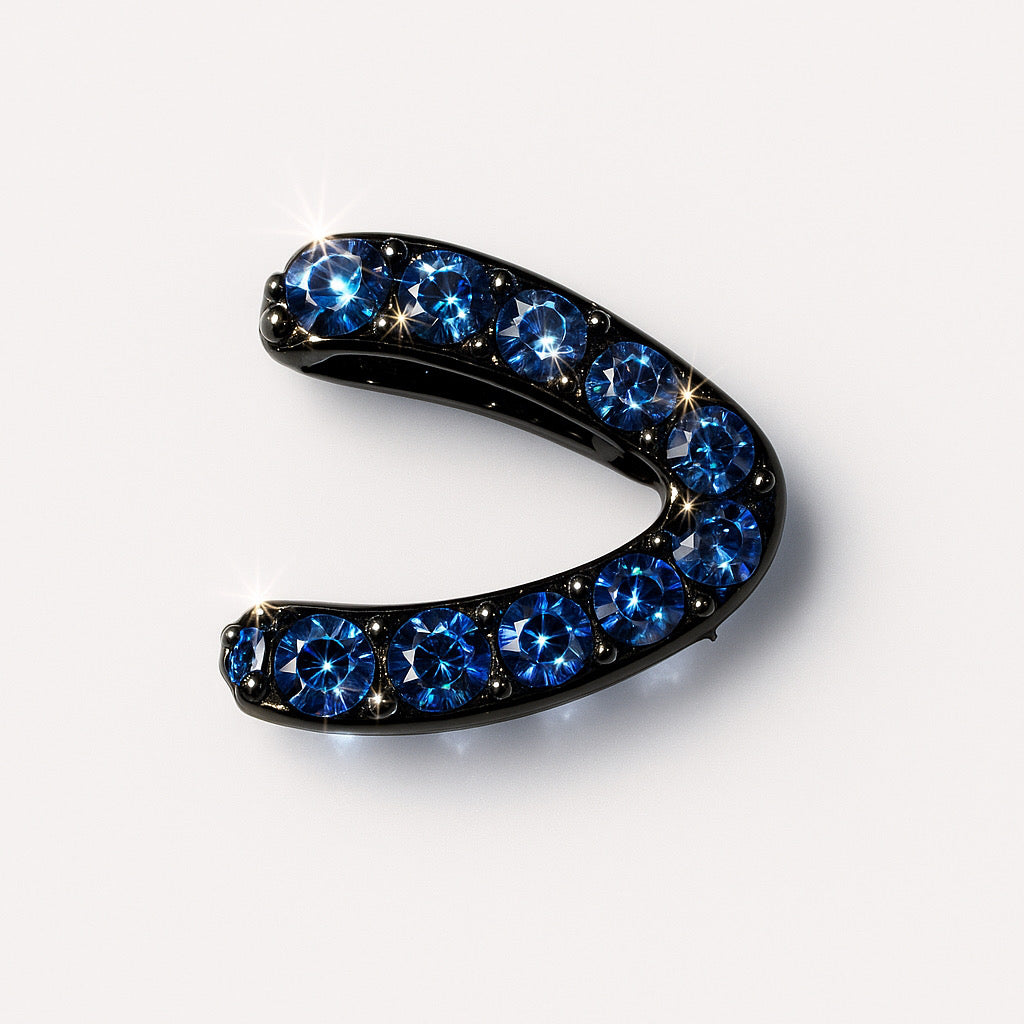 Small black hair claw clip with sparkling blue crystals on a white background.