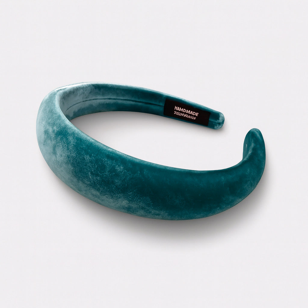 Handmade teal velvet padded headband luxury wide band accessory