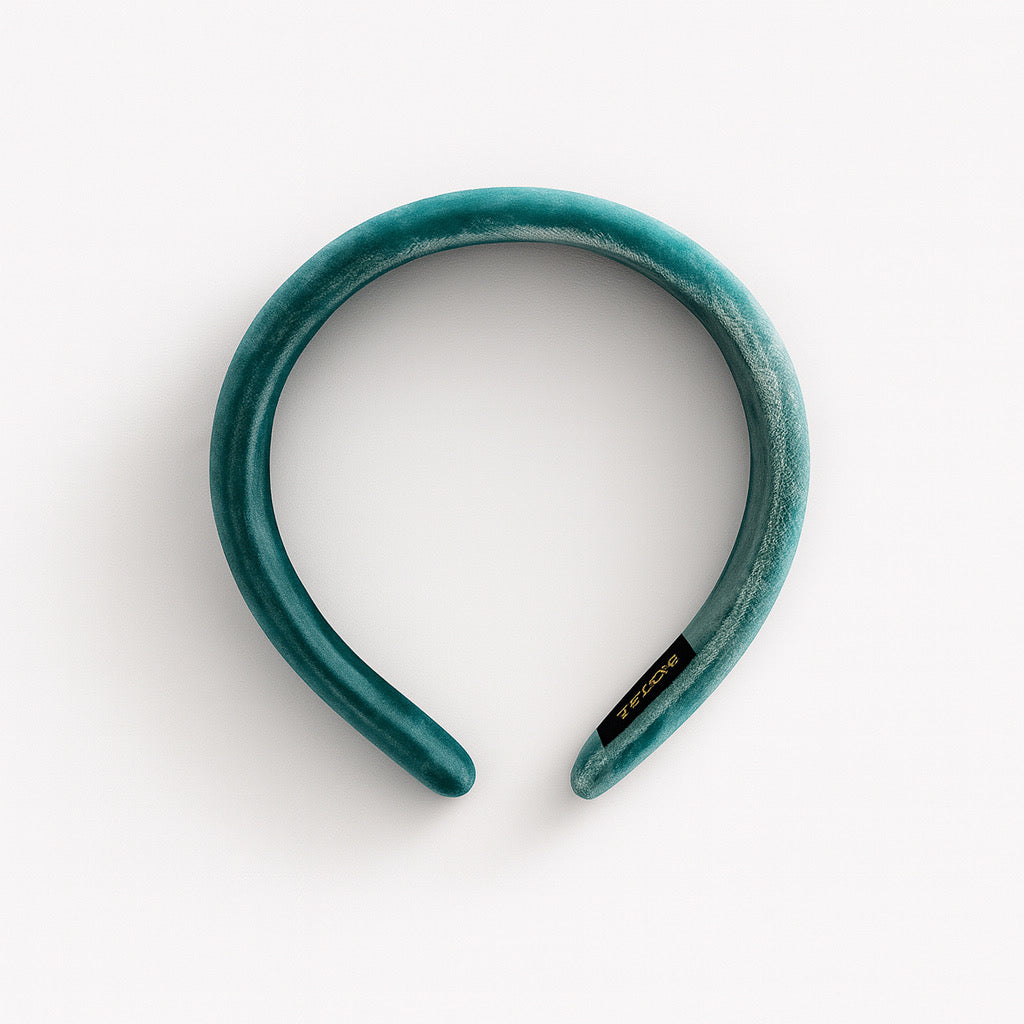 Teal velvet padded headband top view handmade accessory by PaulaB
