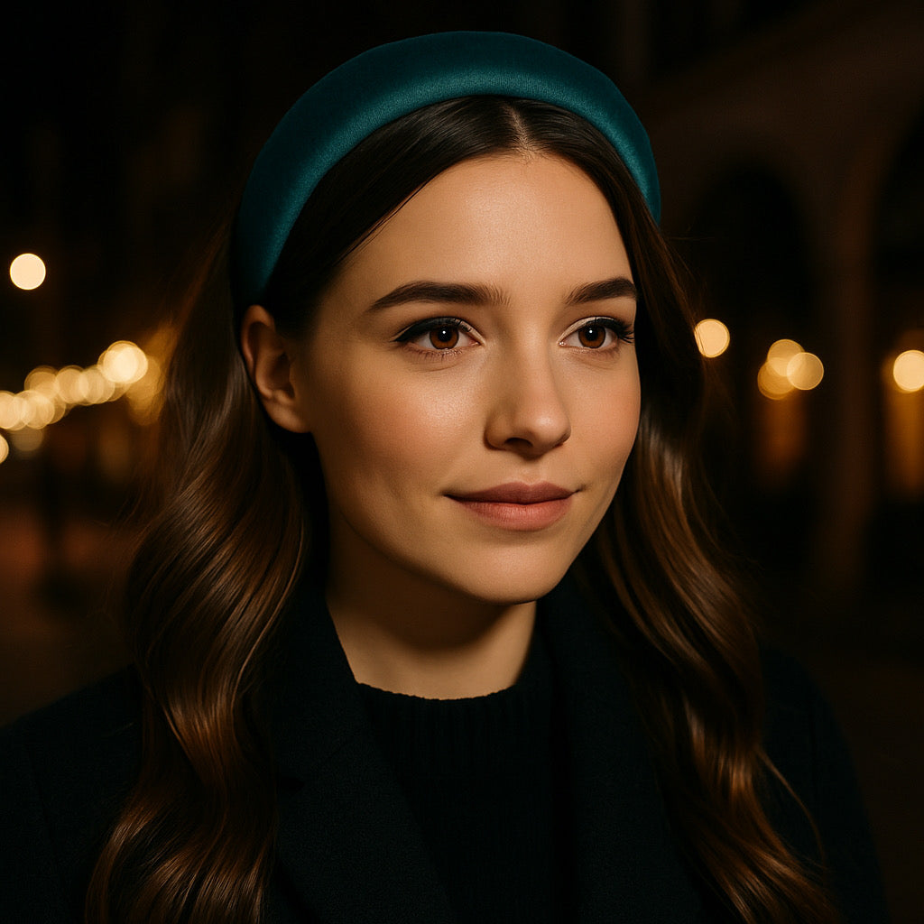 Teal velvet padded headband elegant handmade accessory for night out styling.
