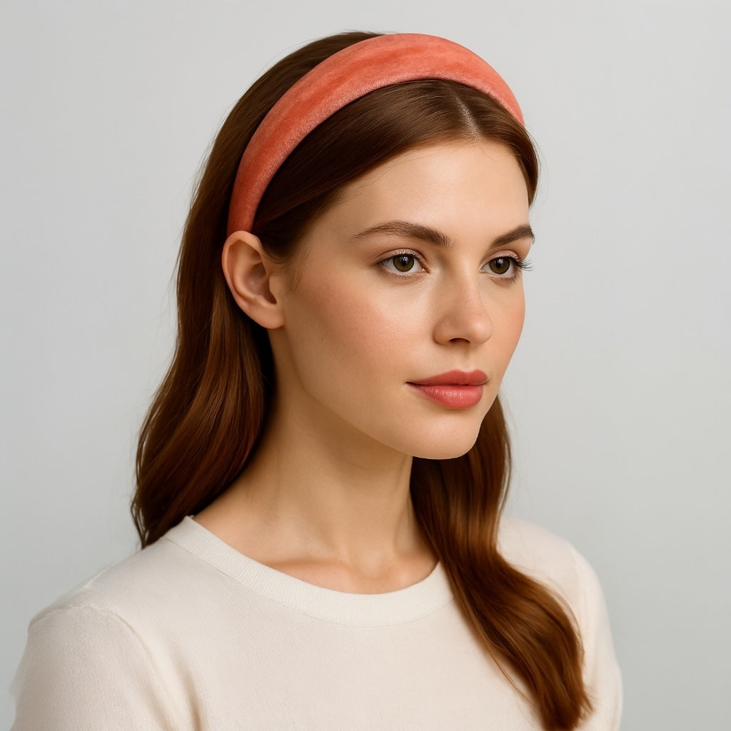 Women wearing terracotta velvet padded headband chic everyday studio style