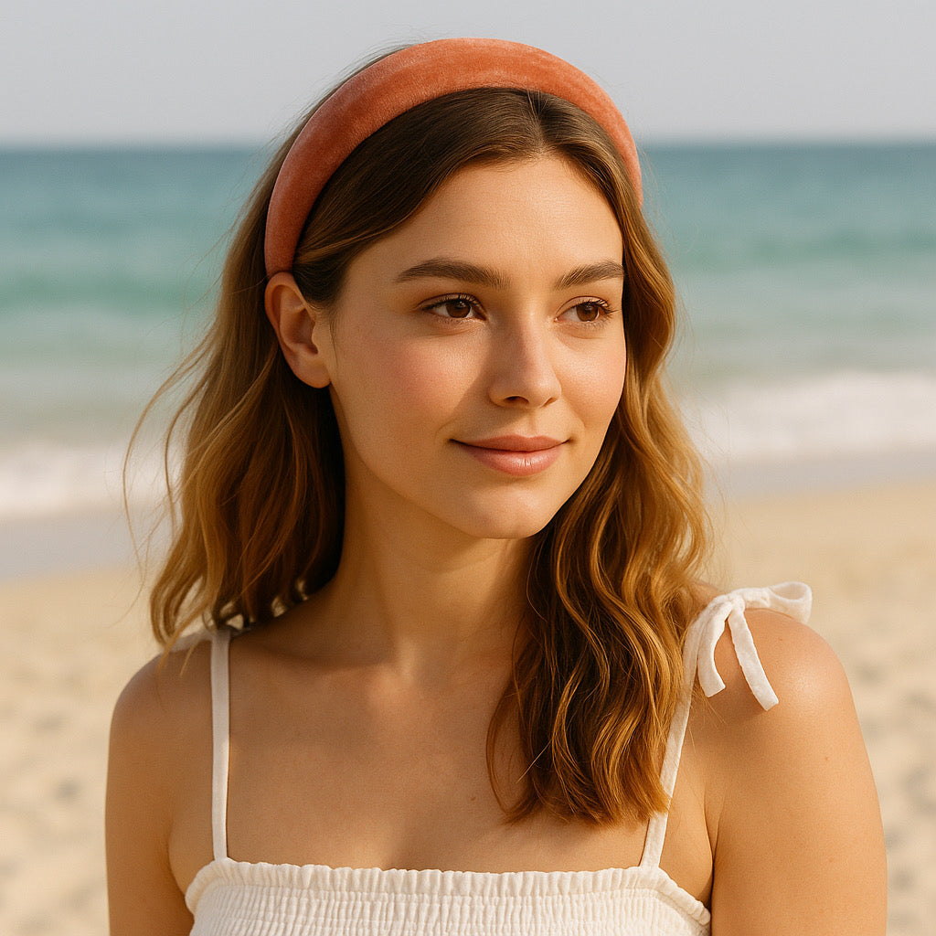 Terracotta padded velvet headband handmade chic hair accessory for summer beach looks