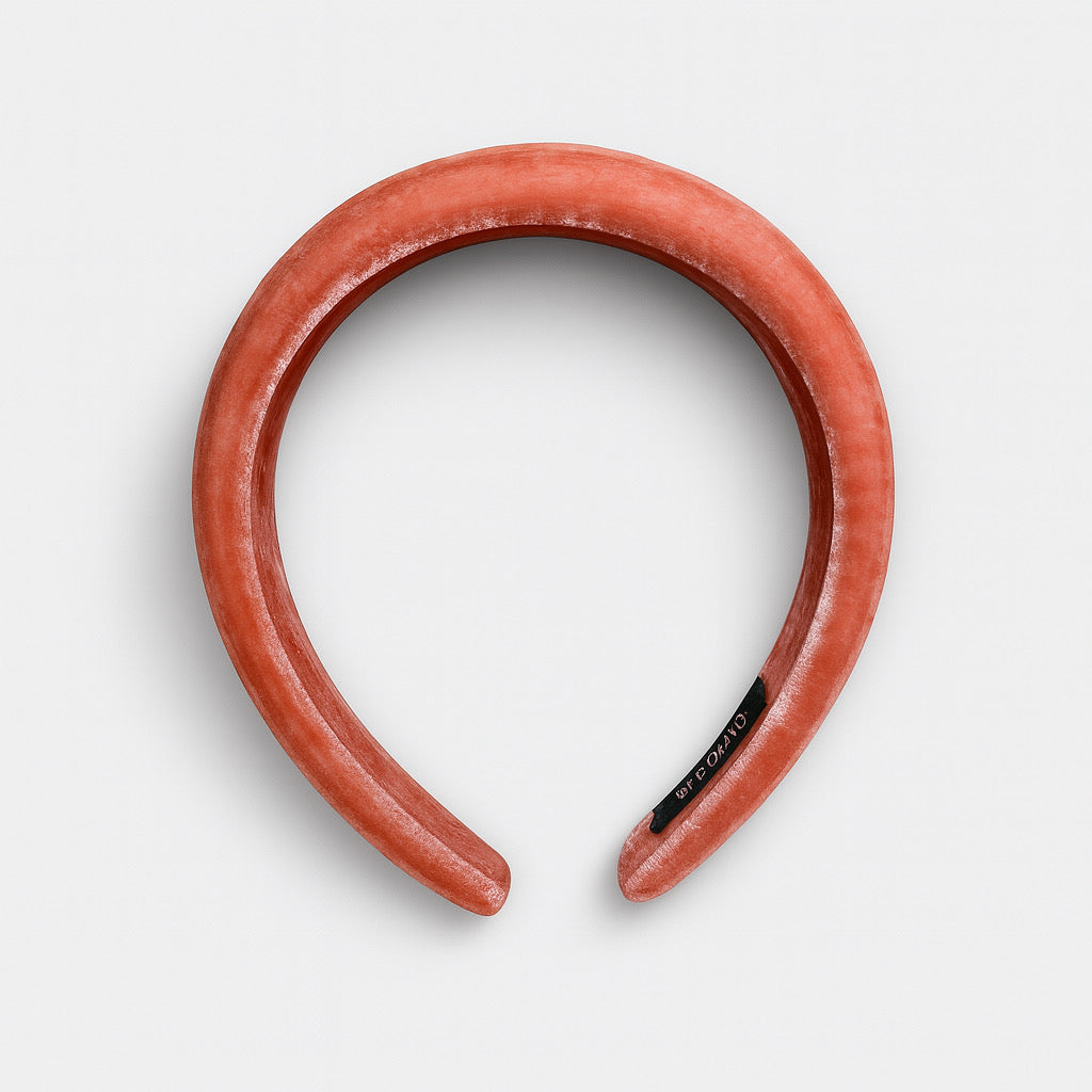 Terracotta velvet padded headband top view of handmade wide accessory