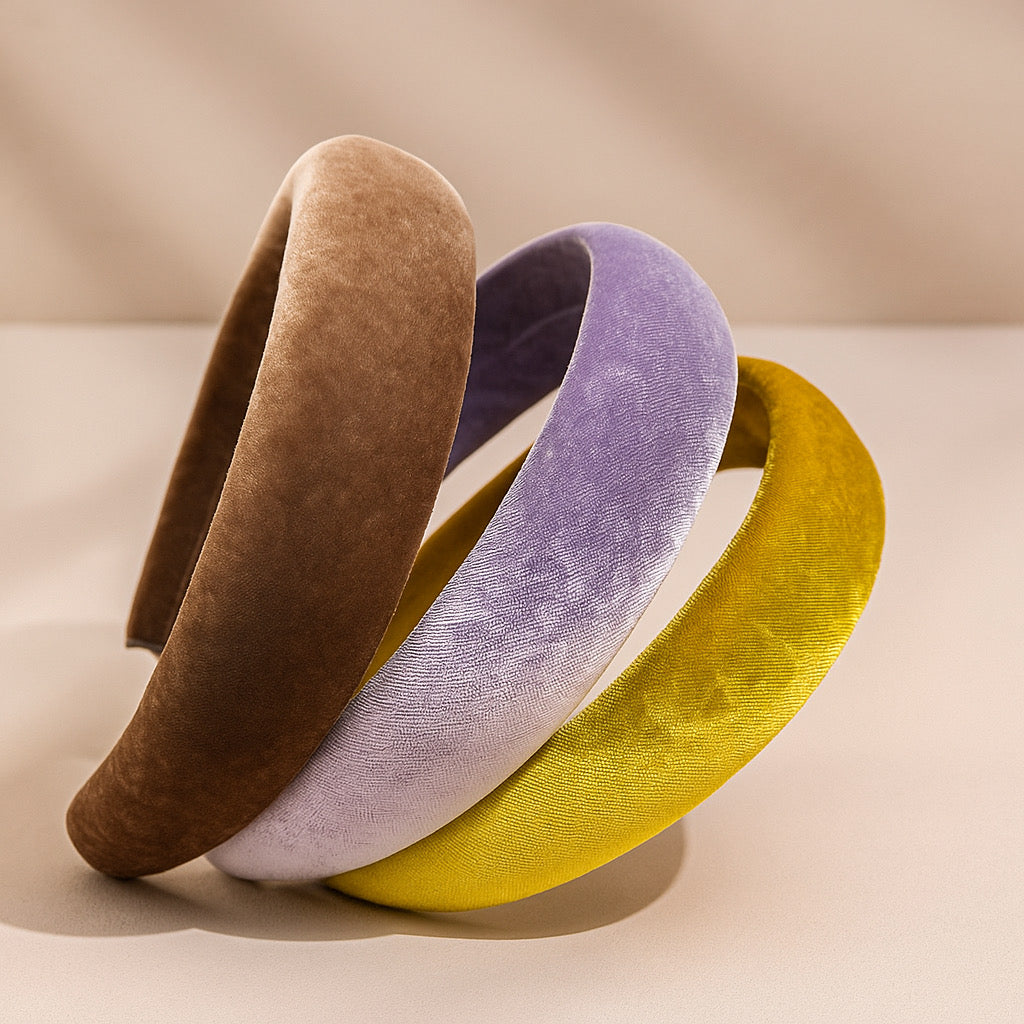 Set of velvet headbands in brown, purple and yellow luxury handmade hair accessories.