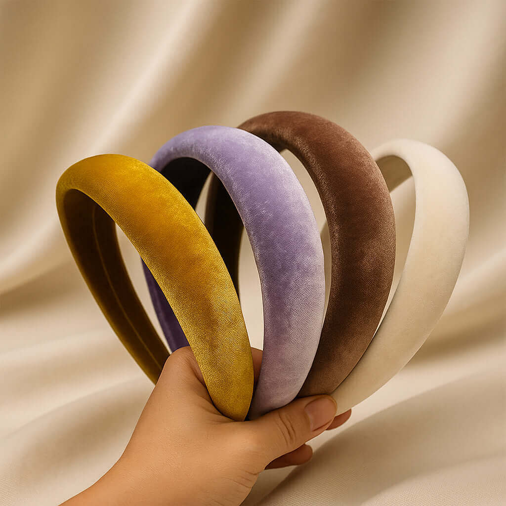Collection of velvet padded headbands in mustard, purple, brown and cream PaulaB Jewellery & Accessories.