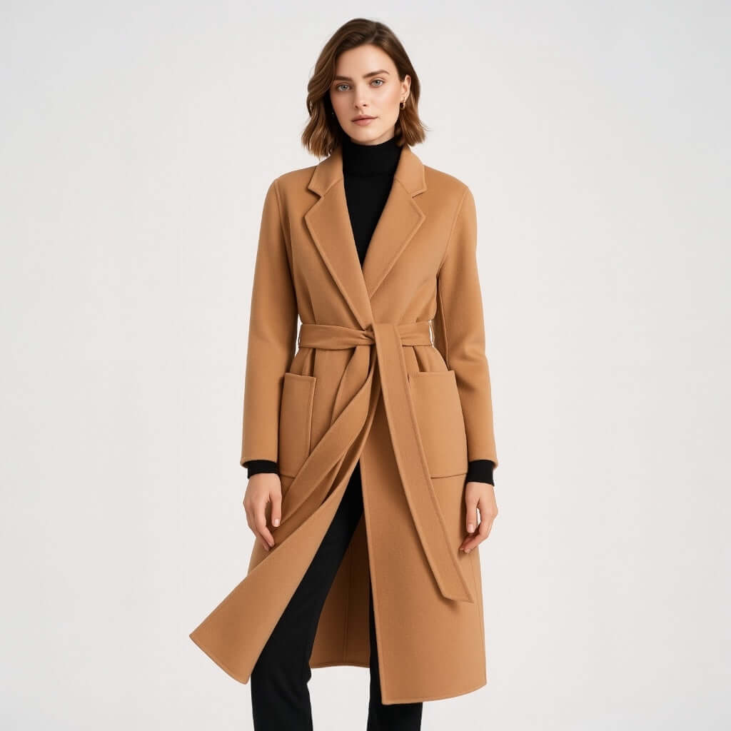 Women's 100% wool belted coat in Camel Latte, handmade winter overcoat.