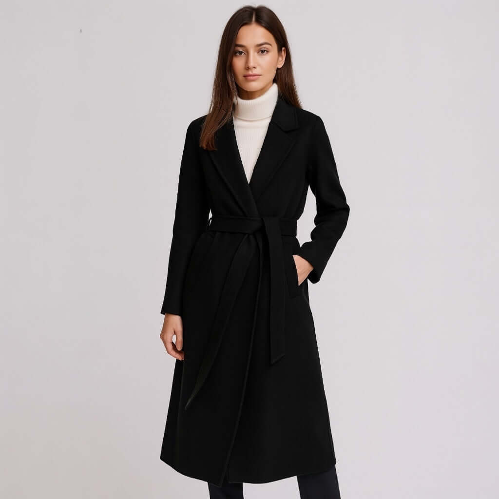 Women 100% wool belted coat in Midnight Black, handmade long overcoat