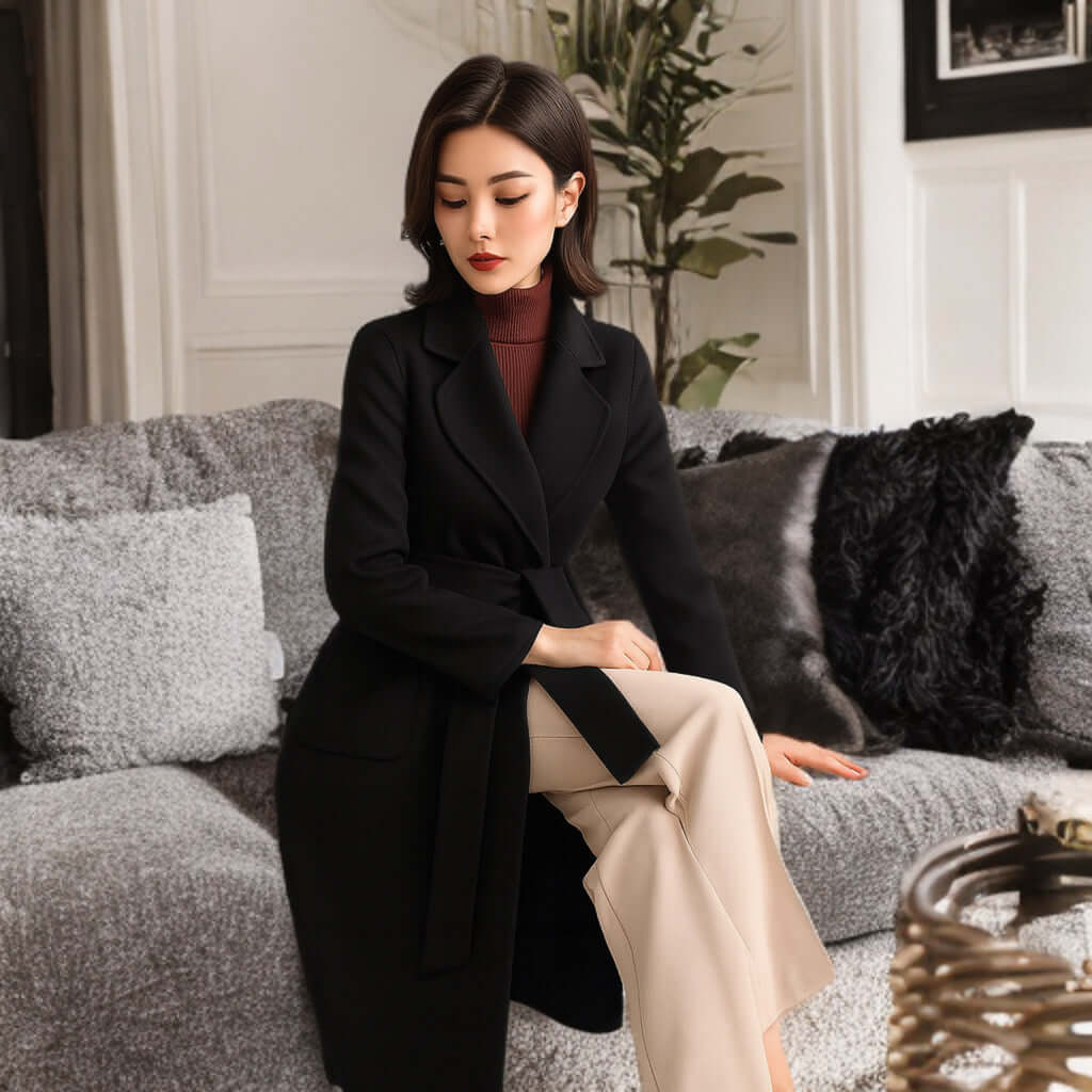 Elegant women's 100% wool belted coat in Midnight Black  sitting pose with beige trousers.