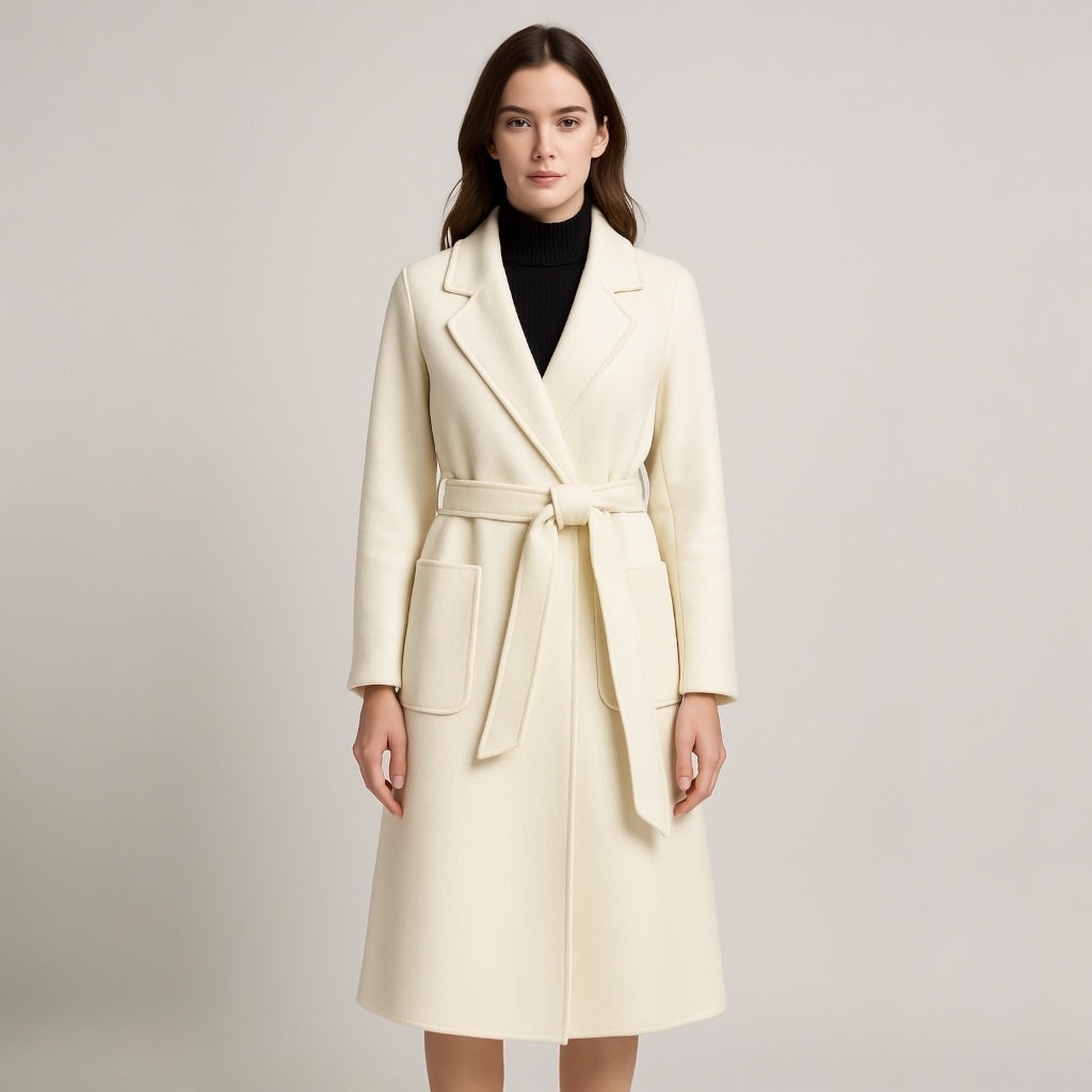 Women 100% wool belted coat in Ivory Cream - handmade winter overcoat